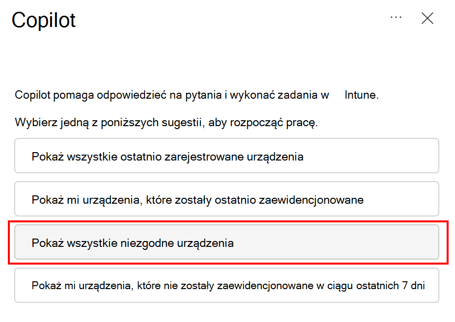 Zrzut ekranu przedstawiający wszystkie niezgodne urządzenia w polecenie funkcji Copilot w centrum administracyjnym Microsoft Intune lub Intune.