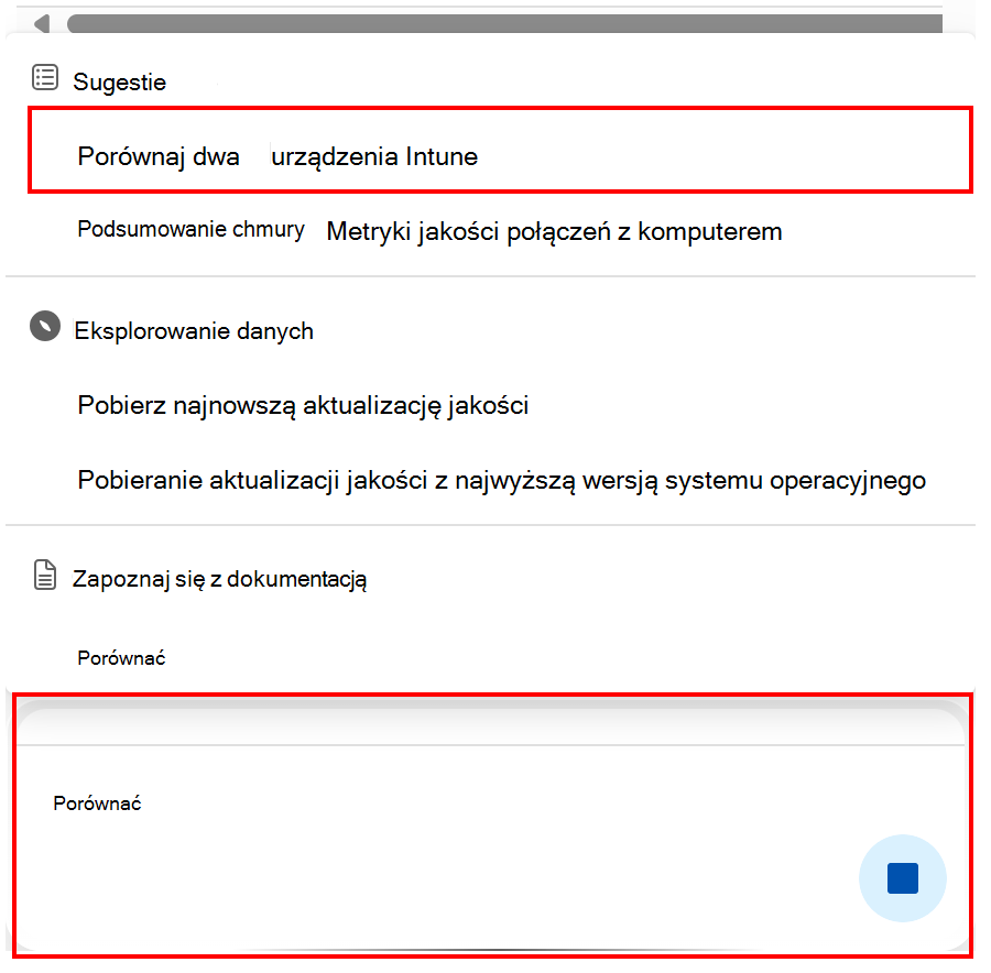 Zrzut ekranu przedstawiający porównanie polecenie funkcji Copilot urządzenia Intune w centrum administracyjnym Microsoft Intune lub Intune.
