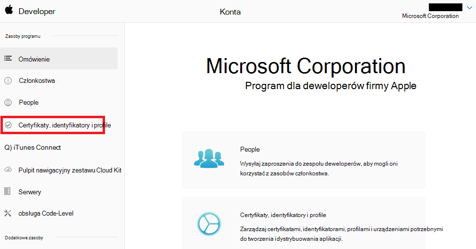 Portal deweloperów firmy Apple — certyfikaty, identyfikatory & profile