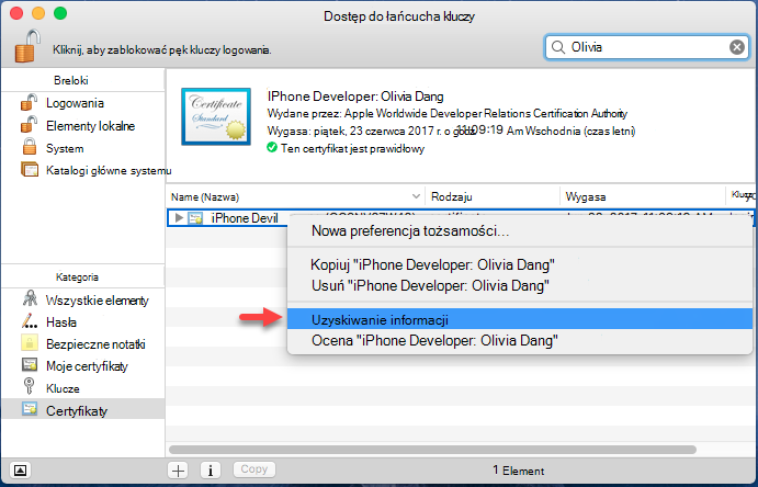 Dodawanie certyfikatu do łańcucha kluczy