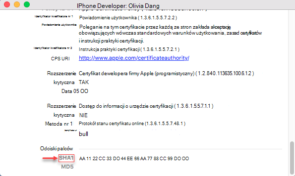 Informacje o telefonie iPhone — ciąg SHA1 odcisków palców