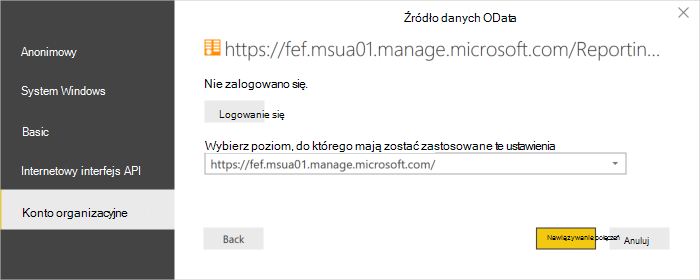 Poświadczenia konta organizacyjnego.