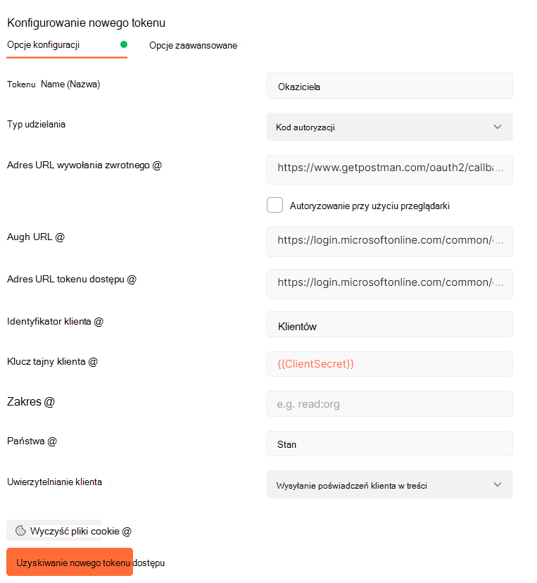 Informacje dotyczące tokenu dostępu.