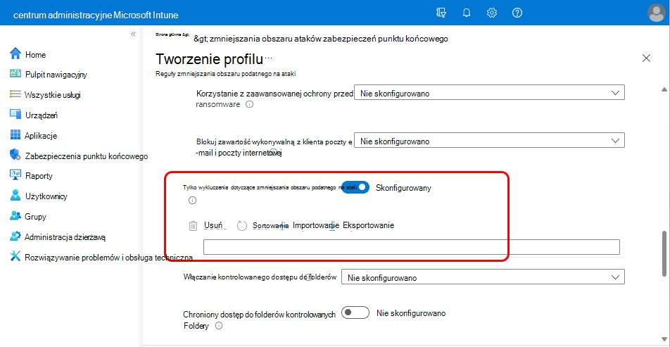 Zrzut ekranu przedstawiający ustawienie Tylko wykluczenia zmniejszania obszaru podatnego na ataki.