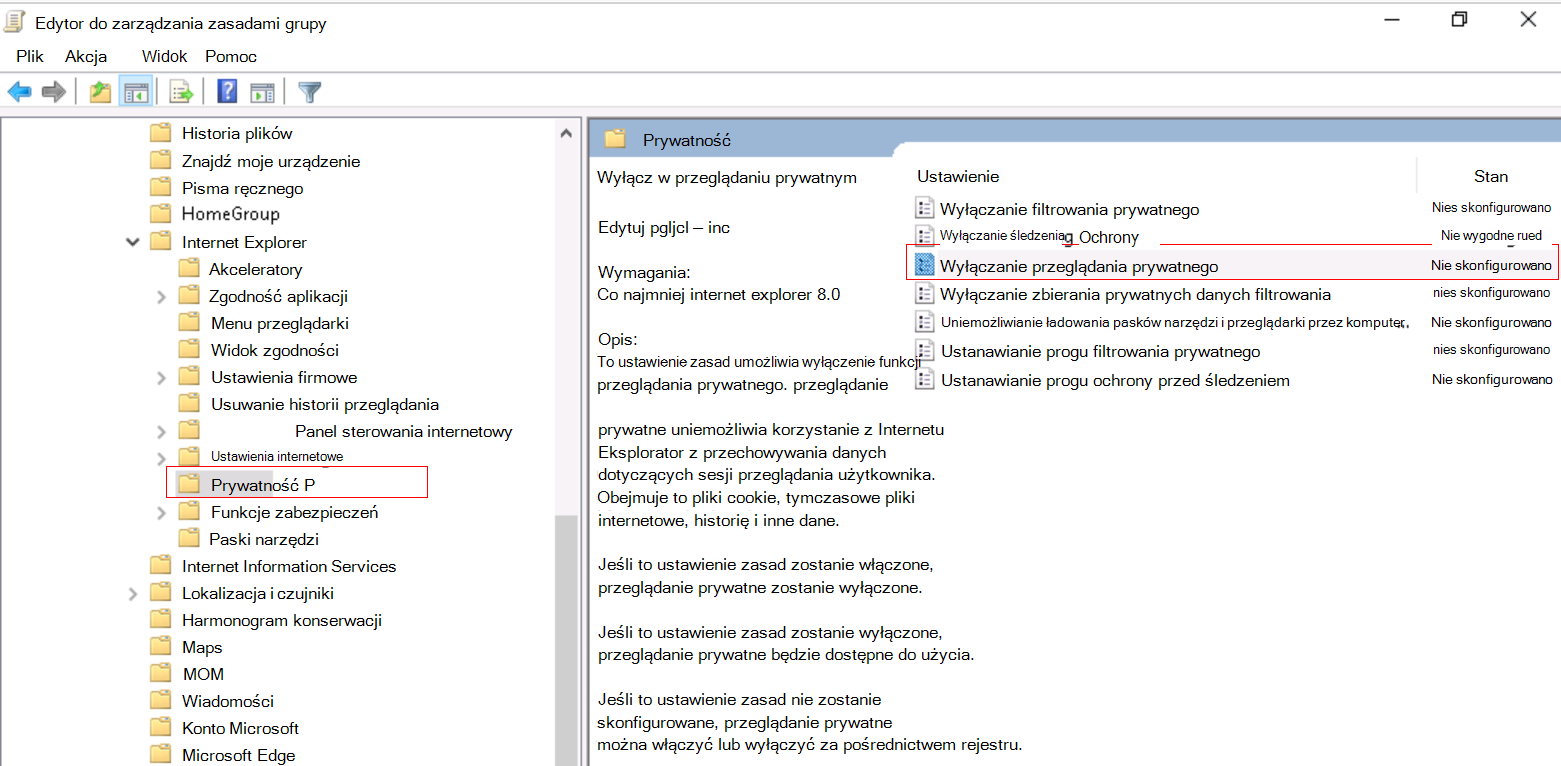 Zrzut ekranu przedstawiający sposób wyłączania przeglądania InPrivate w programie Internet Explorer przy użyciu lokalnego szablonu ADMX.