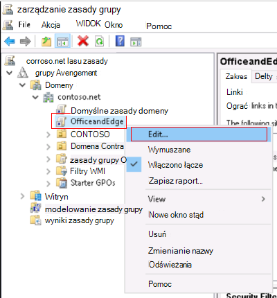 Zrzut ekranu przedstawiający sposób kliknięcia prawym przyciskiem myszy lokalnych zasad grupy ADMX pakietu Office i przeglądarki Microsoft Edge, a następnie wybierz pozycję Edytuj.