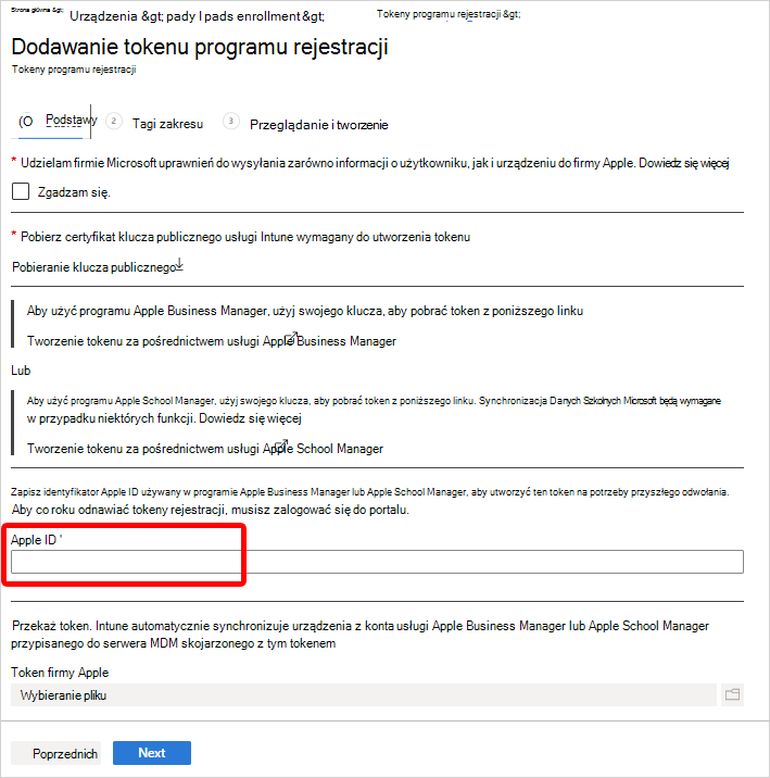 Zrzut ekranu z wyróżnionym polem identyfikatora Apple w okienku tokenu Dodaj program rejestracji.