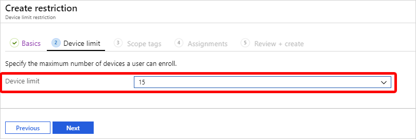 Zrzut ekranu przedstawiający sposób wybierania limitu urządzenia.