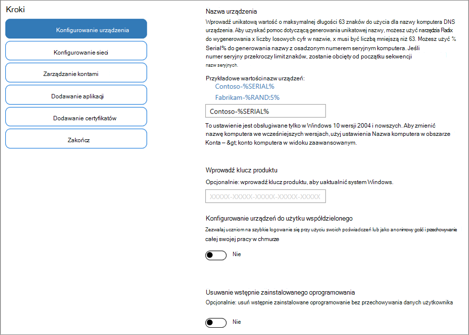 Zrzut ekranu przedstawiający określanie nazwy i klucza produktu w aplikacji Windows Configuration Designer