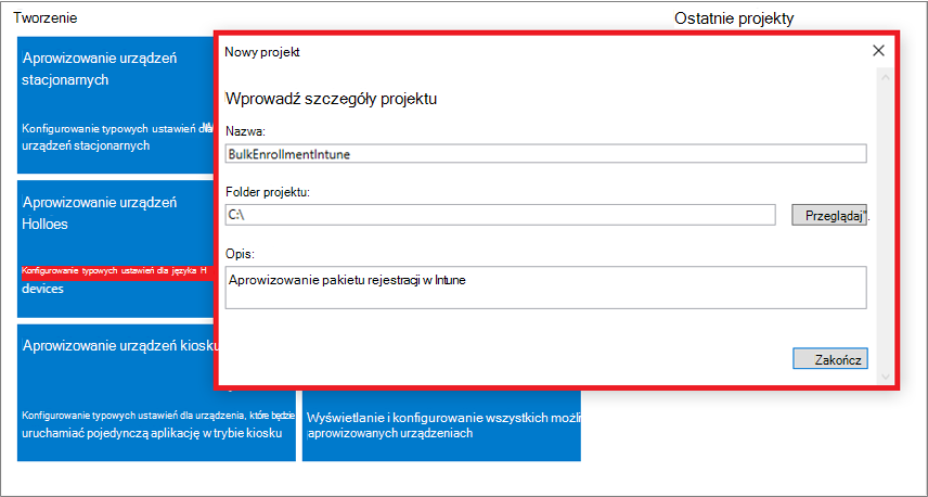 Zrzut ekranu przedstawiający określanie nazwy, folderu projektu i opisu w aplikacji Windows Configuration Designer