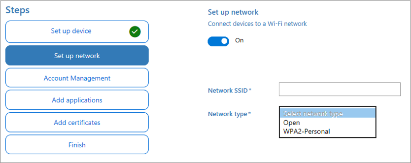 Zrzut ekranu przedstawiający włączanie opcji Wi-Fi w tym identyfikatora SSID sieci i typu sieci w aplikacji Designer konfiguracji systemu Windows