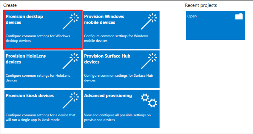 Zrzut ekranu przedstawiający wybieranie opcji Aprowizacja urządzeń stacjonarnych w aplikacji Windows Configuration Designer