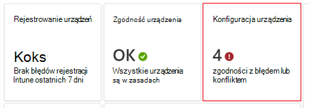 Na pulpicie nawigacyjnym wybierz zasady z błędem lub konfliktem, aby wyświetlić błędy lub konflikty z profilami konfiguracji urządzeń w centrum administracyjnym Microsoft Intune i Intune.