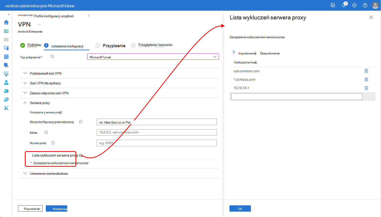 Zrzut ekranu okienka listy wykluczeń serwera proxy w centrum administracyjnym usługi Intune.