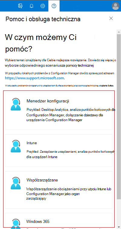 Zrzut ekranu przedstawiający dostępne usługi pomocy i pomocy technicznej w subskrypcji w centrum administracyjnym Microsoft Intune.