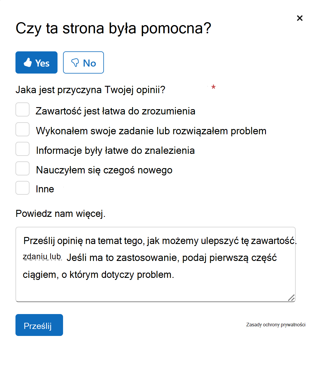 Zrzut ekranu przedstawiający sekcję opinii artykułu w witrynie Microsoft Learn.