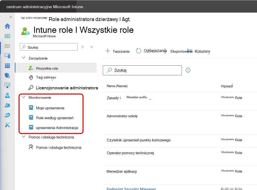 Zrzut ekranu przedstawiający opcje monitorowania kontroli dostępu opartej na rolach z poziomu centrum administracyjnego Intune.