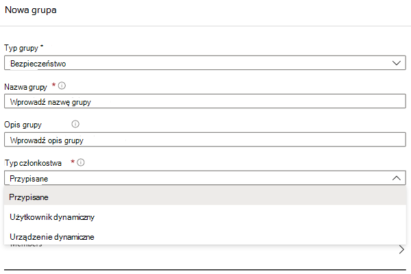 Zrzut ekranu przedstawiający okienko Nowa grupa z Entra w centrum administracyjnym Intune.