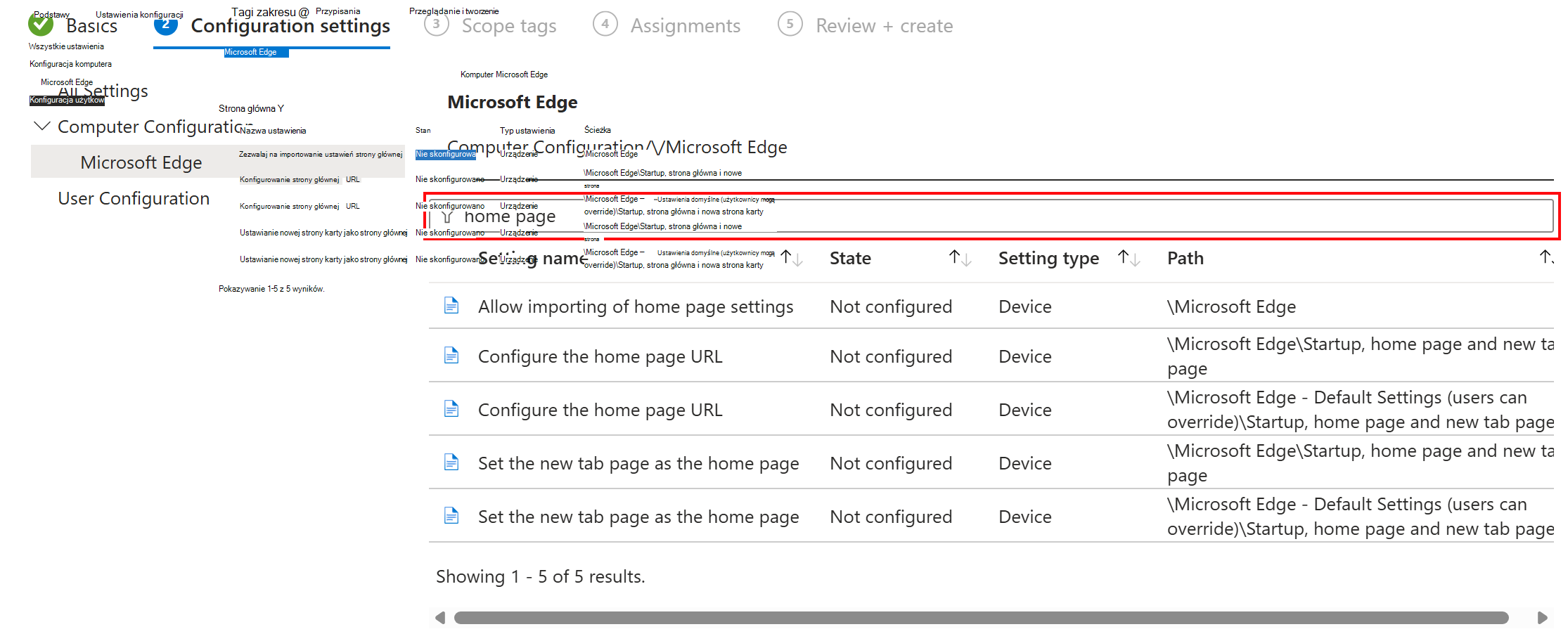 Zrzut ekranu przedstawiający filtrowanie ustawień ADMX za pomocą wyszukiwania w centrum administracyjnym Microsoft Intune i Intune.