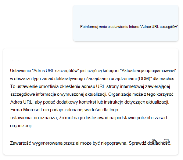 Zrzut ekranu przedstawiający program Copilot, który zawiera bardziej szczegółowe informacje na temat dowolnego ustawienia w katalogu ustawień w centrum administracyjnym Microsoft Intune i Intune.