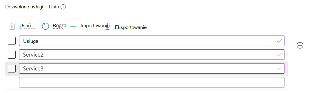 Zrzut ekranu przedstawiający ustawienie z wieloma wartościami w osobnym wierszu w katalogu ustawień w Microsoft Intune i centrum administracyjnym Intune.