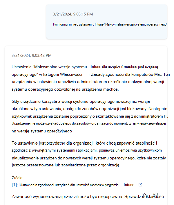Zrzut ekranu przedstawiający więcej informacji o ustawieniu po wybraniu etykietki narzędzia Copilot w zasadach zgodności w centrum administracyjnym usługi Microsoft Intune.