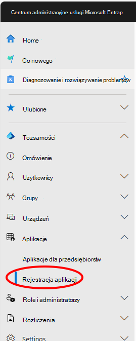 Zrzut ekranu przedstawiający lokalizację menu rejestracji aplikacji centrum administracyjnego Entra.