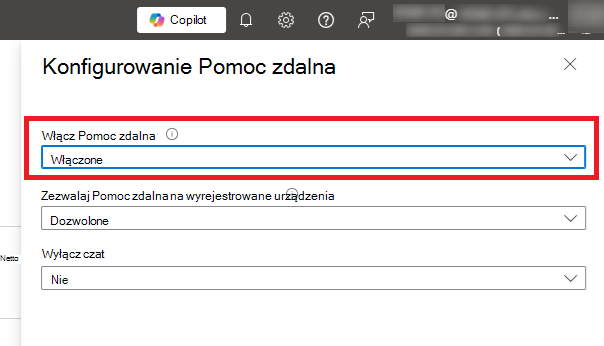 Zrzut ekranu przedstawiający ekran administrowania dzierżawą, na którym można włączyć Pomoc zdalna.