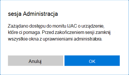Zrzut ekranu przedstawiający monit o włączenie obsługi podniesienia uprawnień podczas sesji pomocy zdalnej w systemie Windows.