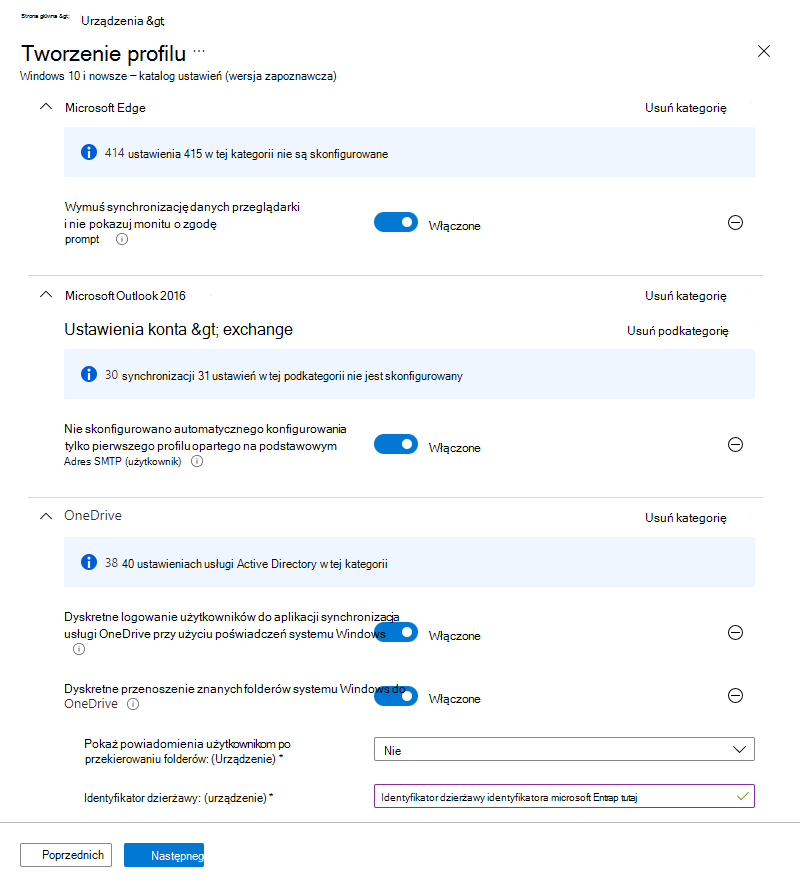 Zrzut ekranu przedstawiający przykład profilu katalogu ustawień w Microsoft Intune.