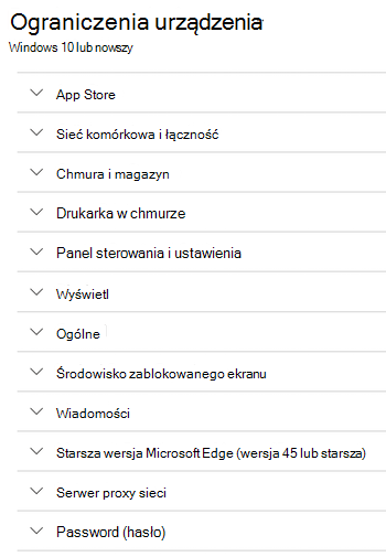 Wszystkie ustawienia ograniczeń urządzeń dla urządzeń z systemem Windows w usłudze Microsoft Intune.