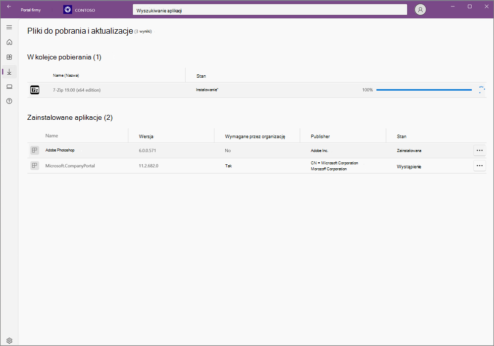 Zrzut ekranu przedstawiający stronę Pobieranie aktualizacji & dla aplikacji Portal firmy dla systemu Windows.