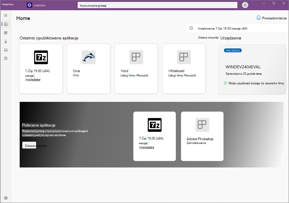 Zrzut ekranu strony głównej z powiadomieniami w aplikacji Portal firmy dla systemu Windows.