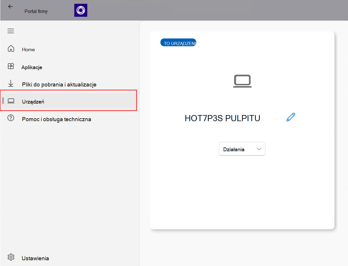 Zrzut ekranu przedstawiający aplikację Portal firmy dla systemu Windows z wyróżnioną opcją 