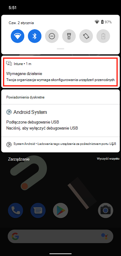 Przykładowy zrzut ekranu przedstawiający powiadomienie wypychane Portal firmy na ekranie głównym urządzenia.