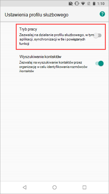 Zrzut ekranu przedstawiający przełącznik profilu służbowego włączony w ustawieniach urządzenia Nexus 5X.