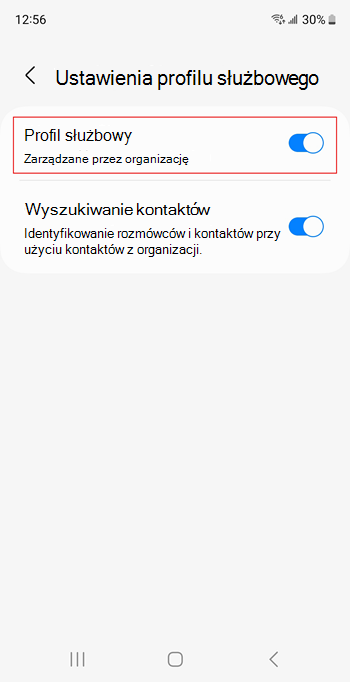 Zrzut ekranu przedstawiający przełącznik przełącznika profilu służbowego włączony w ustawieniach urządzenia Samsung Galaxy S20.