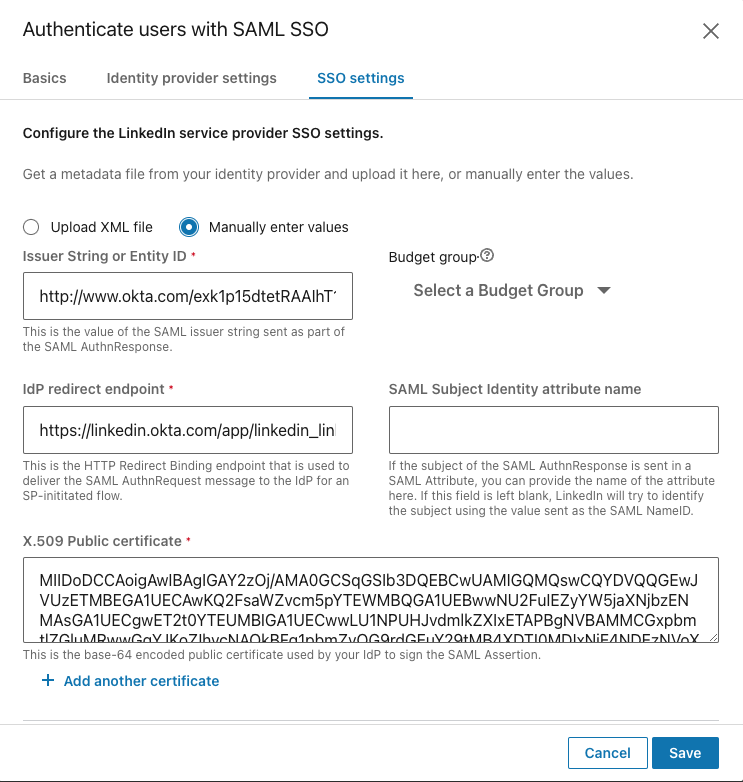Manual SSO values filled in