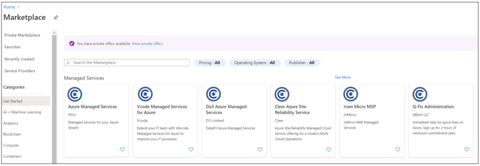 Zrzut ekranu przedstawiający opcję menu prywatnej platformy handlowej po lewej stronie witryny Marketplace.