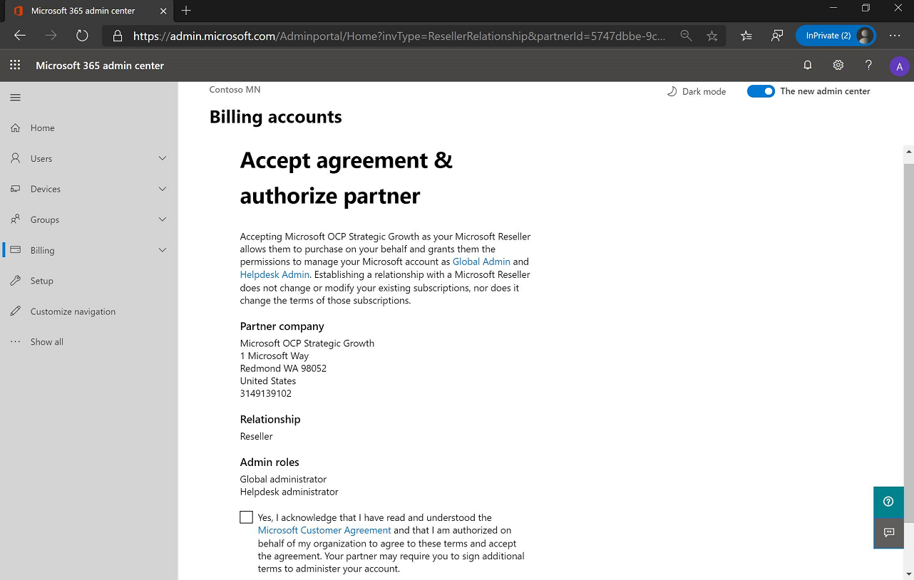 Zrzut ekranu przedstawiający stronę Akceptuj umowę i autoryzowanie partnera — delegowane prawa administratora.
