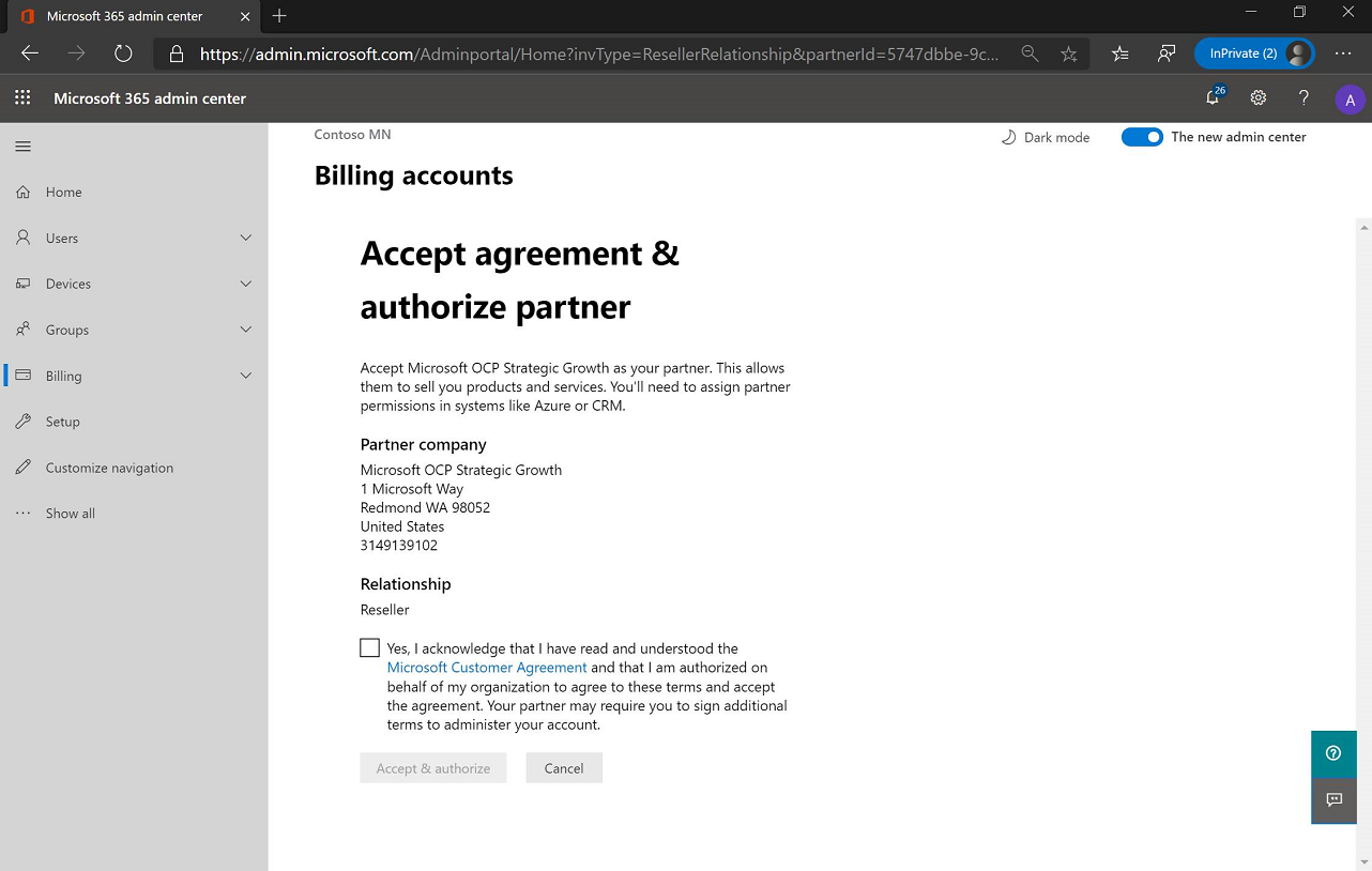 Zrzut ekranu przedstawiający stronę Akceptowanie umowy i autoryzowanie partnera.