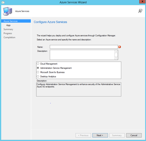 Zrzut ekranu przedstawiający opcję zarządzania usługami administracyjnymi w Kreatorze usługi platformy Azure.