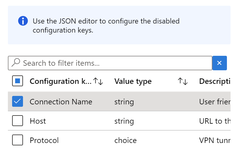 W projektancie konfiguracji wybierz dowolny klucz z typem wartości ciągu w zasadach konfiguracji aplikacji sieci VPN Microsoft Intune