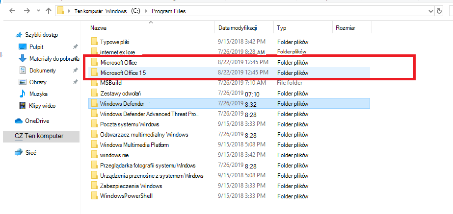 Pakiety instalacyjne pakietu Office w katalogu Program Files