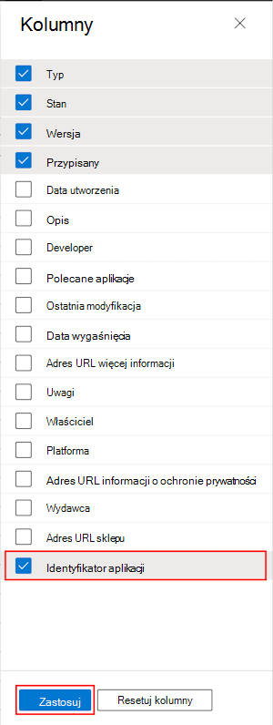 Zrzut ekranu przedstawiający sposób wybierania kolumny Identyfikator pakietu aplikacji w obszarze Wszystkie aplikacje w Microsoft Intune i centrum administracyjnym Intune.