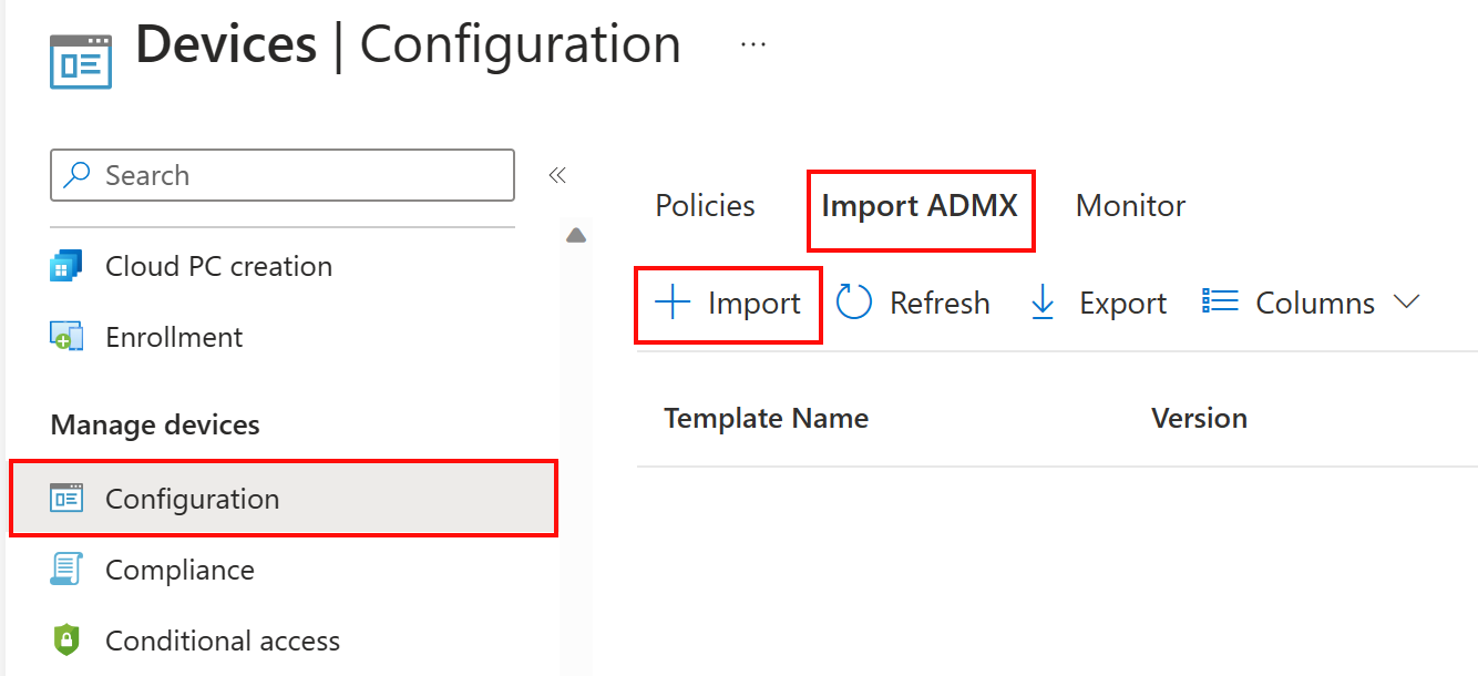 Zrzut ekranu przedstawiający sposób dodawania lub importowania niestandardowych usług ADMX i ADML. Przejdź do pozycji Profile > konfiguracji urządzeń > Importowanie ADMX w Microsoft Intune i centrum administracyjnym usługi Intune.