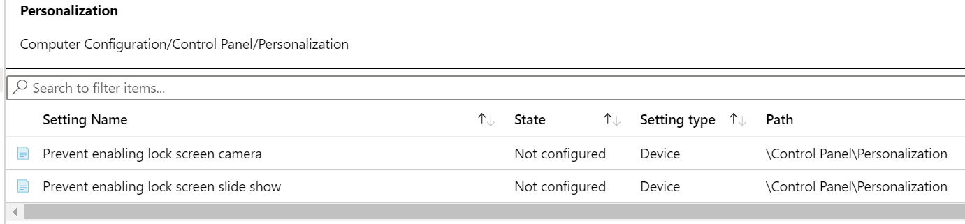 Zrzut ekranu przedstawiający ścieżkę ustawienia zasad personalizacji w Microsoft Intune.