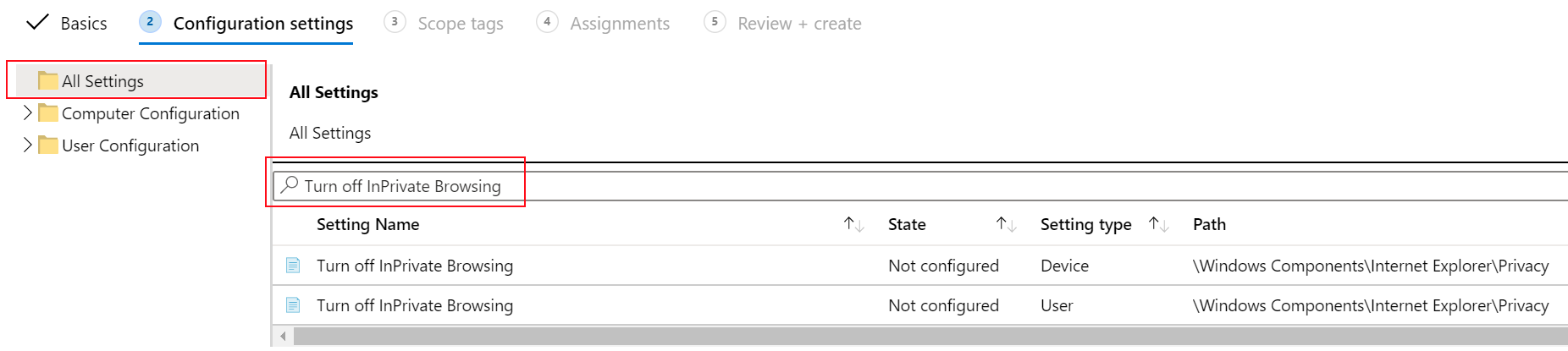 Zrzut ekranu przedstawiający sposób wyłączania zasad urządzeń przeglądania inPrivate w szablonie administracyjnym w Microsoft Intune.