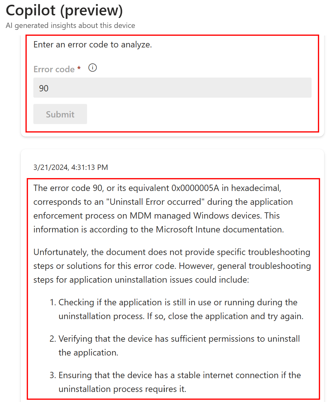 Zrzut ekranu przedstawiający funkcję Analiza kodu błędu w usłudze Copilot po wybraniu dowolnego urządzenia w usłudze Microsoft Intune lub Centrum administracyjnym usługi Intune.