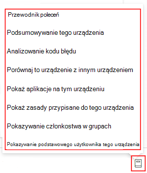 Zrzut ekranu przedstawiający przewodnik po poleceniach usługi Copilot po wybraniu dowolnego urządzenia w usłudze Microsoft Intune i Centrum administracyjnym usługi Intune.